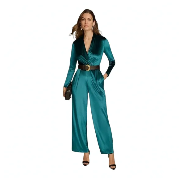 Donna Karan New York Women's Velvet Jumpsuit Green Size 16 (No Belt) - Picture 3 of 4